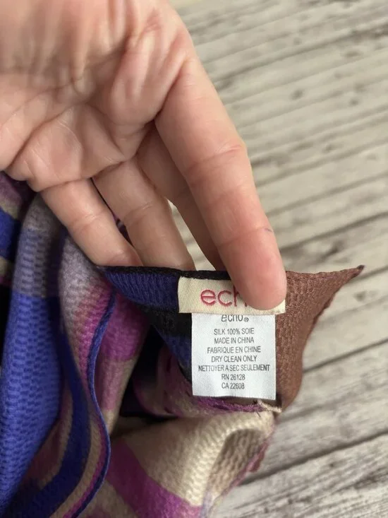 ECHO Purple Pink Brown Geometric Sheer 100% Silk Oblong Scarf 58" - Picture 3 of 7